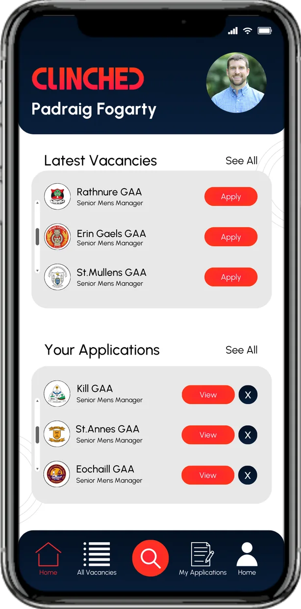 Clinched app dashboard — real GAA vacancies and applications